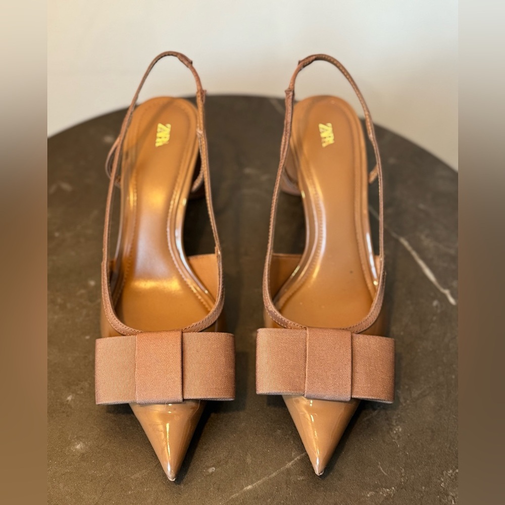 Zara Woman 's Beige High -Heel Slingback Shoes With Bow Size 37
